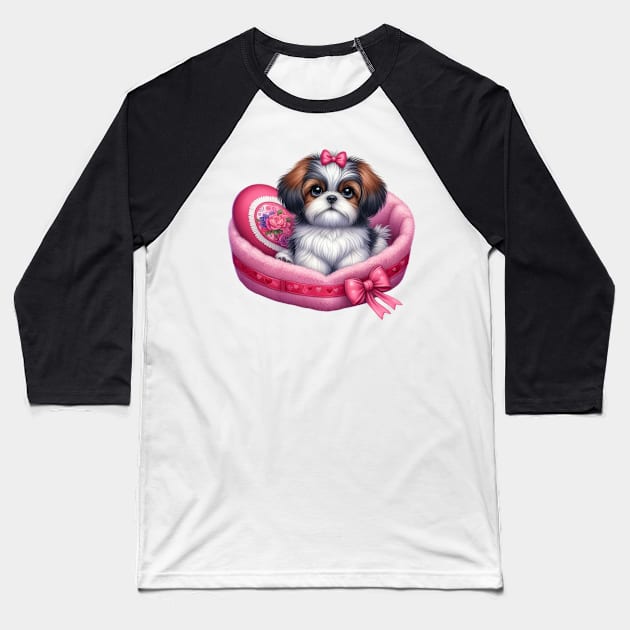 Valentine Shih Tzu Dog in Bed Baseball T-Shirt by Chromatic Fusion Studio